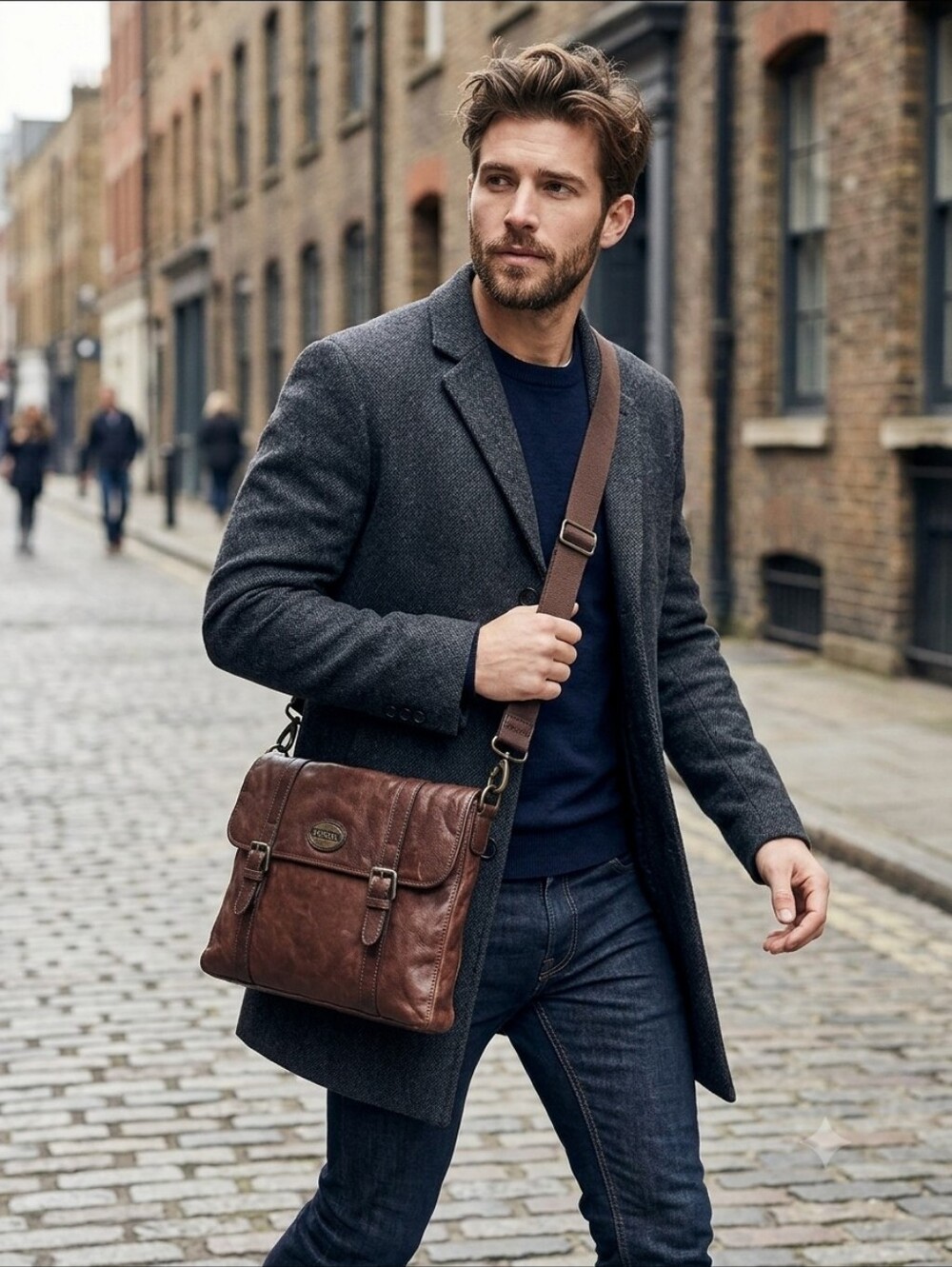 FOSSIL Leather Messenger Shoulder Bag Mens Cognac Brown
